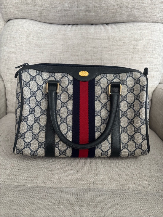 Gucci Handbags - Gucci Beige GG Canvas Boston Bag with Sherry Line Navy